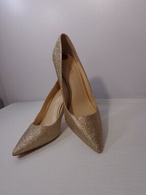 Nine West Womens Classic Heels Gold Glitter Stiletto Slip-On Pump Shoes Size 10M